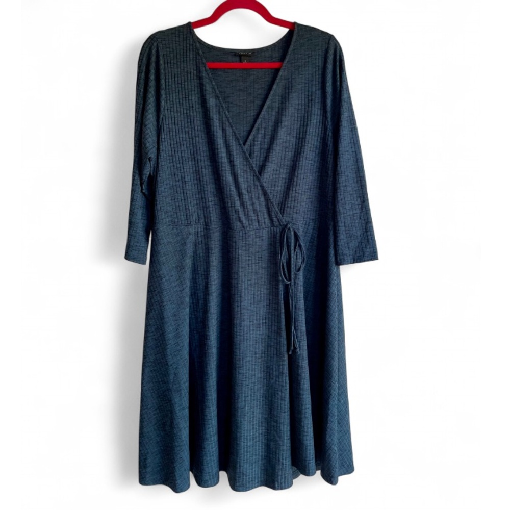 Torrid Dark Teal Rib Knit 3/4 Sleeve Faux Wrap Midi Dress Size 1